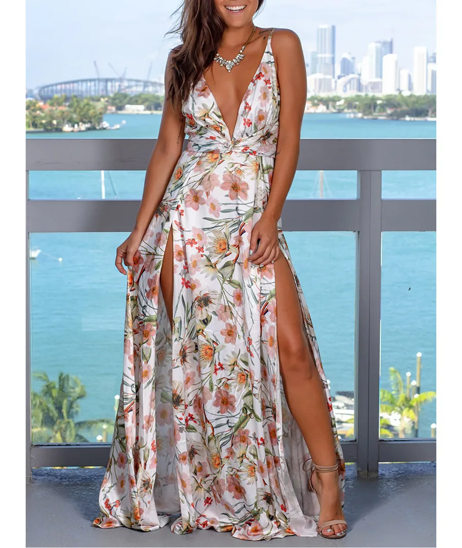 

Nine Style Milk Silk Print Maxi Party Dress Women Sexy Club Deep V-Neck Spaghetti Strap Sleeveless Backless Slit Beach Dress