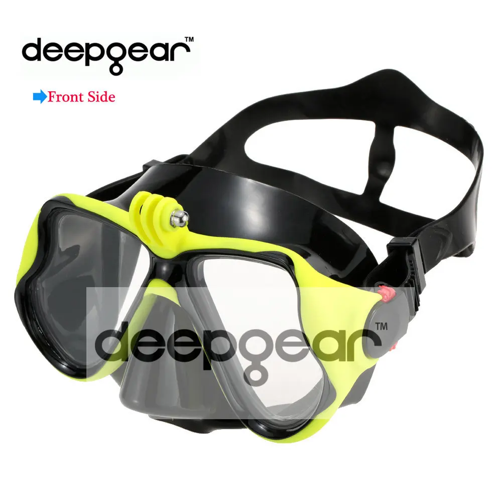 DEEPGEAR Professional camera mount scuba mask for adult Black silicone Yellow snorkel mask Tempered glass lens Fit to All Gopro