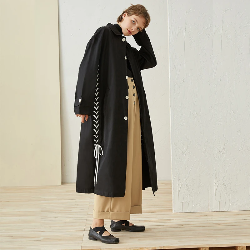 

New Arrival Autumn 2018 lace up designs oversize long women trench coat black