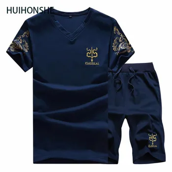 

HUIHONSHE Mens 2 Piece Set Summer Sporting Short Sleeve T-Shirt +Shorts Causal Male Set Track Suit Man T Shirt Pants Plus Size