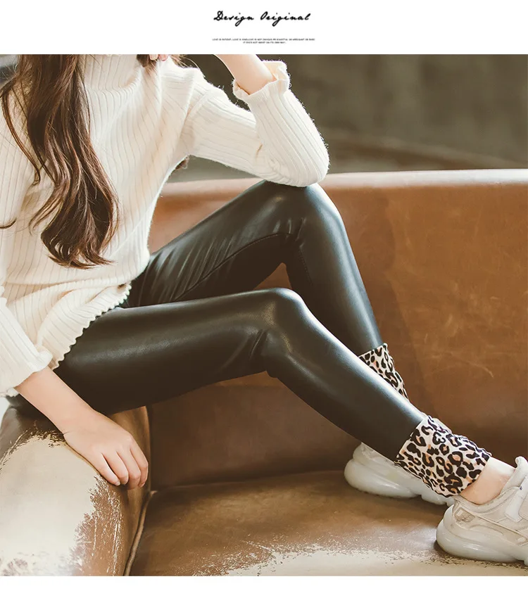 black faux leather leopard girls winter warm leggings 14 years old teenage fashion clothing children pants