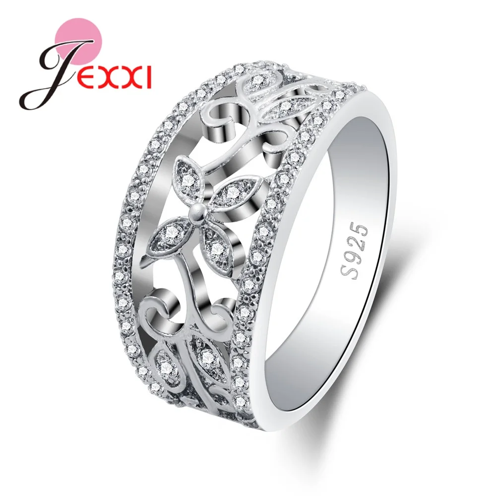 

JEXXI Summer Collection Pure 925 Sterling Silver Carved Rings Filled Clear CZ Stone Finger Ring for Women Engagement Jewelry