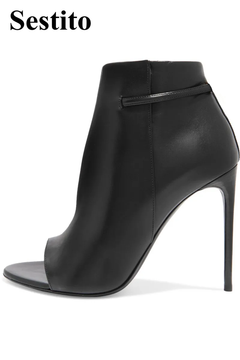

Concise Peep Toe Solid Super High Heel Ankle Boots For Women Black Thin Heels Side Zipper Ladies Short Boots Spring/Autumn Shoes