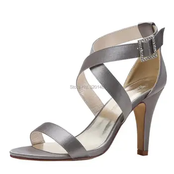 

Steel Grey Summer Woman Sandals High heel Cross Strap Buckle Satin Wedding Bridal Shoes Prom Party dress Shoes Open Toe HP1818