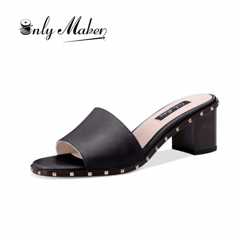 

Onlymaker Women's PeepToe Chunky Block Heel Slippers Slide Sandals Rivets Mules Shoes Casual Heeled For Summer Size US5-15