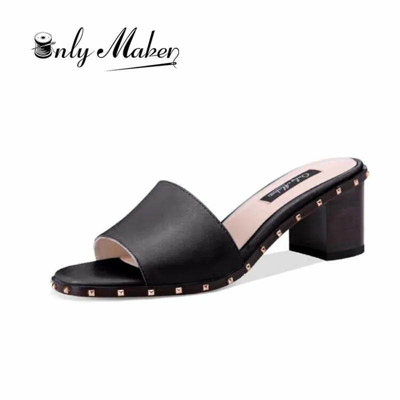 

onlymaker Women's Open Toe Chunky Block Heel Slippers Slide Sandals Rivets Mules Shoes Casual Heeled for Summer size US5-15