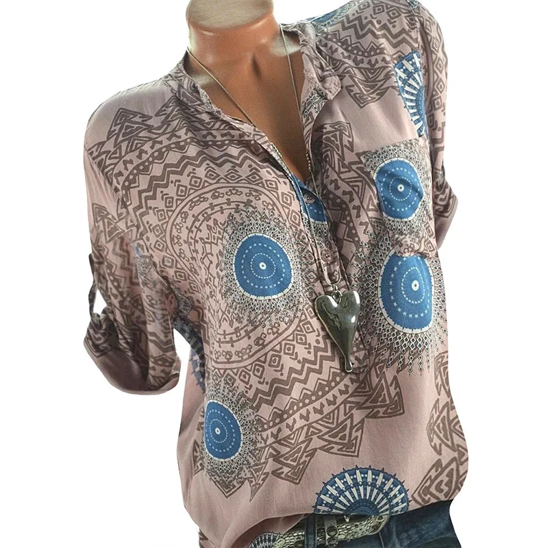 

New Women's V-neck Short Sleeve Geometric Print Shirt Top Plus Size S-5XL Button Blouse Women Blusas Femininas 2019
