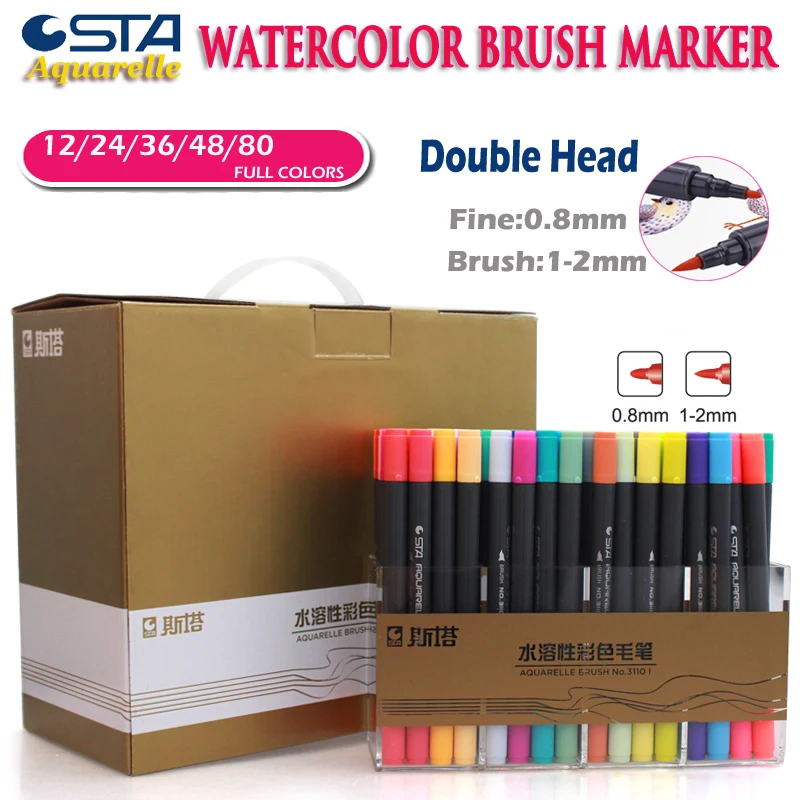 

STA Dual Tips Watercolor Brush Art Markers Water Soluble Based Ink Fine Soft Twin Nibs Marker for Sketching Painting Coloring