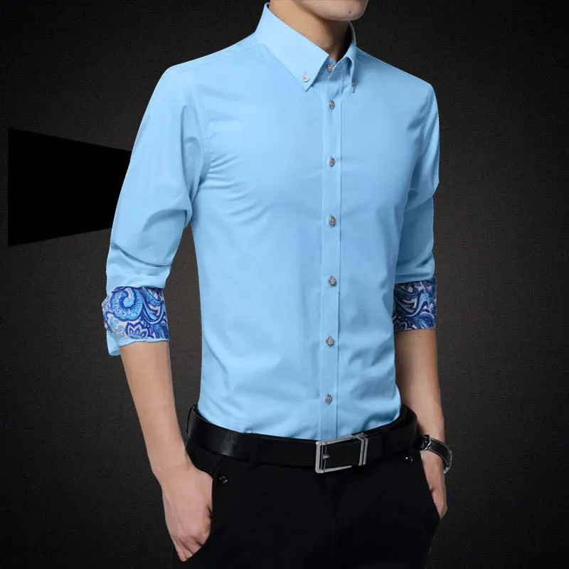 sky blue Новая популярная Осенняя Модная тонкая однобортная Мужская рубашка с длинными рукавами, мужская деловая Повседневная официальная Однотонная рубашка - Цвет: sky blue