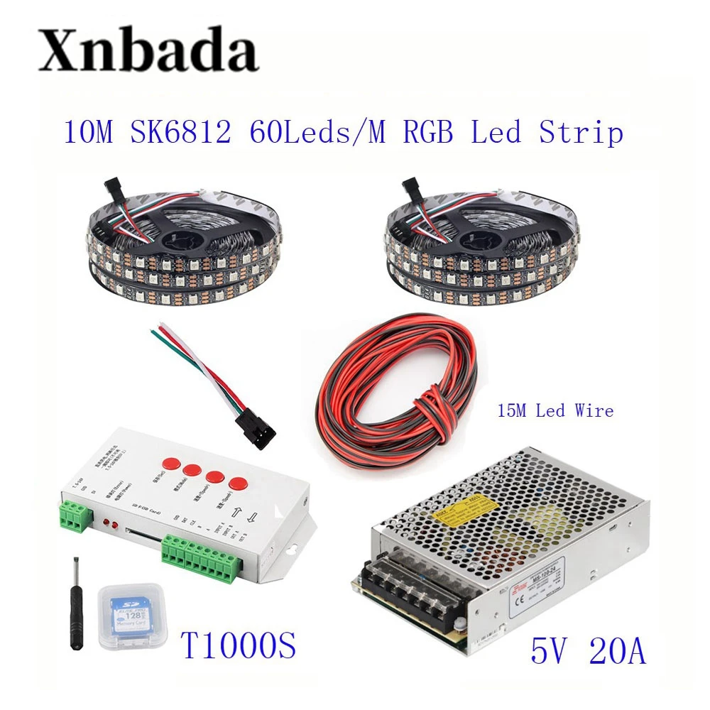 10 м WS2812B Светодиодная лента IC 60 светодиодов/м RGB умная Пиксельная полоса + T1000S