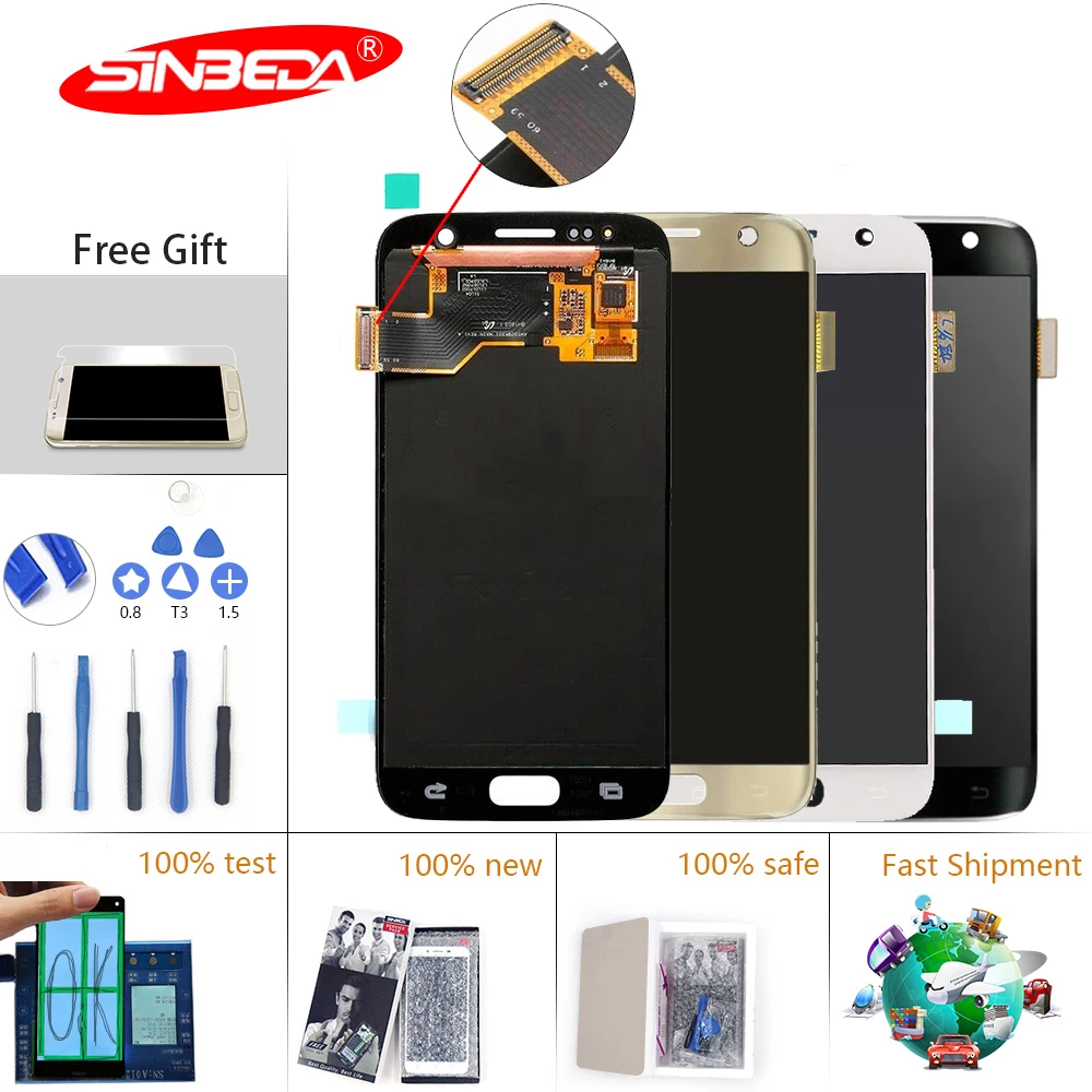 

5.1"Sinbeda Super AMOLED For SAMSUNG GALAXY S7 G930A G930F SM-G930F LCD Display Touch Screen Digitizer with Frame For S7 Screen