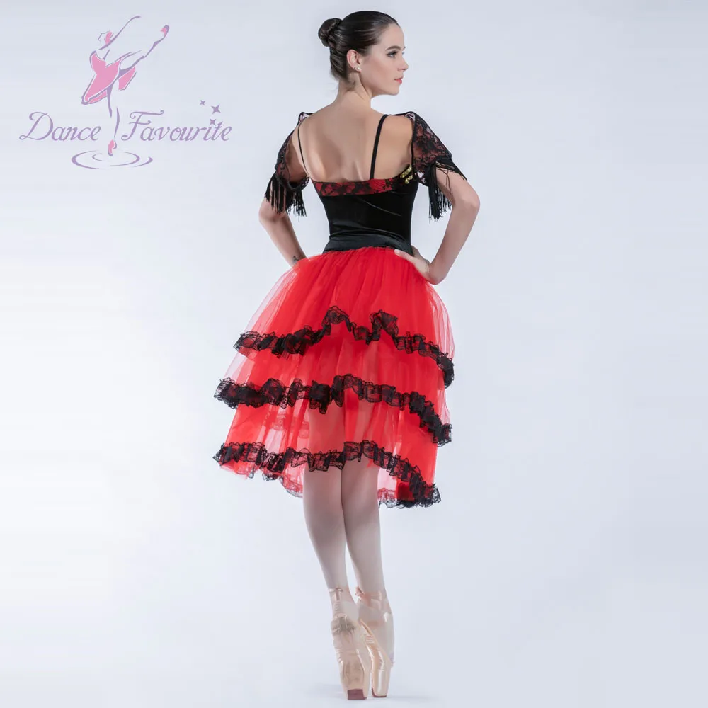 19023 танцевальная любимая новая балетная пачка, черный бархатный лиф с красным тюлем, балетный костюм для женщин, испанская пачка