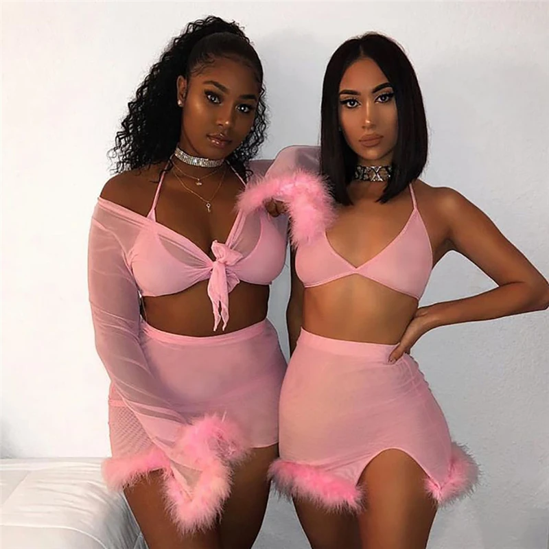 

Mesh Lace Up Fluffy Matching Sets Halter Sleeveless Low Cut Backless Crop Tops High Split Mini Skirts Club Party Sexy Two Piece