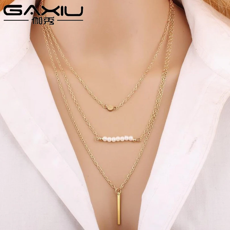 Geometric Simulated Pearl Pendant Necklace For Women Gold Color Long Layered Female Wedding Party Jewelry Collier Femme | Украшения и