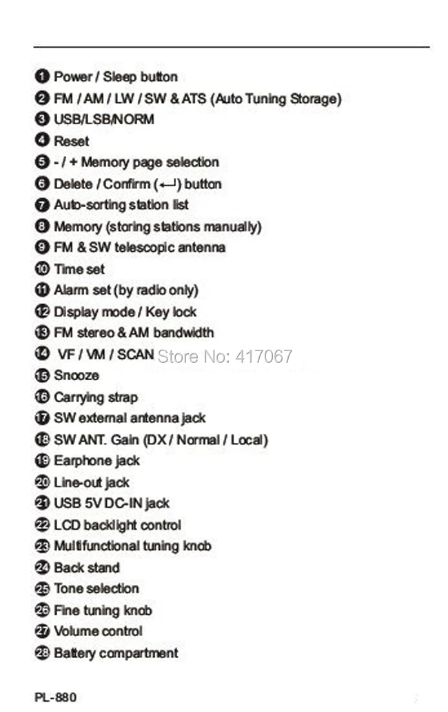 Control Location 2-Original TECSUN PL-880 Portable Digital Radio Receiver PLL FMMWLWSW SSB Synthesized Full Band Stereo Fm Radio PL880