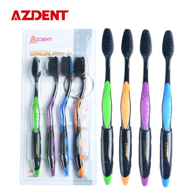 Azdent Горячая 4 шт. Двухместный Ultra Soft Зубная щетка бамбуковый уголь щетка для выпрямления волос Уход за полостью рта 625 нано-антибактериальным Зубная щётка черные головы - изображение