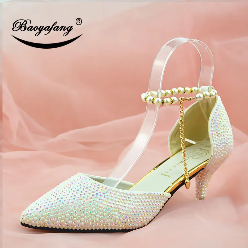 

2019 New arrival Pointed toe Womens wedding shoes 6cm woman crystal party dress shoes White AB Drill Crystal Shoes