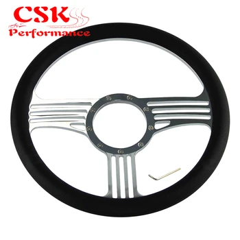 

9 Bolts 14" Chrome Billet Aluminum Slash Steering Wheel Black Leather G M Chevy