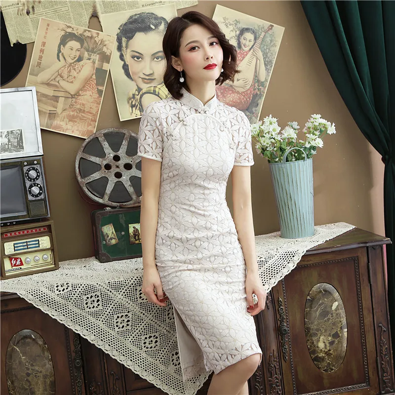 Модное белое традиционное китайское платье Qipao современное кружевное