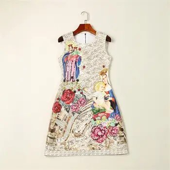 

Women Runway Dress 2019 High Quality Summer O-neck Sleeveless Printed Beading Casual Lady Dresses