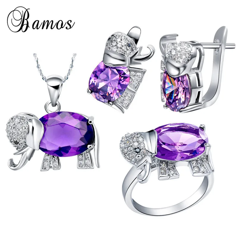 Bamos Charming Purple Birthstone Jewelry Sets Lovely Elephant Hoop Earrings/Ring/Necklace Silver Color Animal Pendants Gift | Украшения и