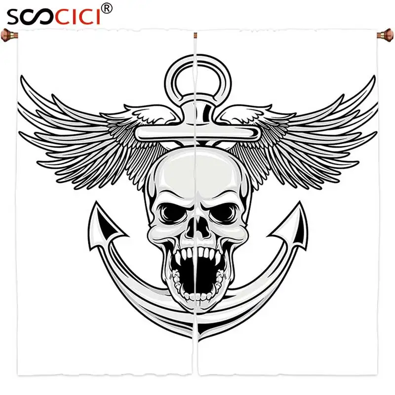 

Window Curtains Treatments 2 Panels,Anchor Decor Skull with Anchor and Eagle Wings Freedom Symbol Devil Sea Hunter Skeleton