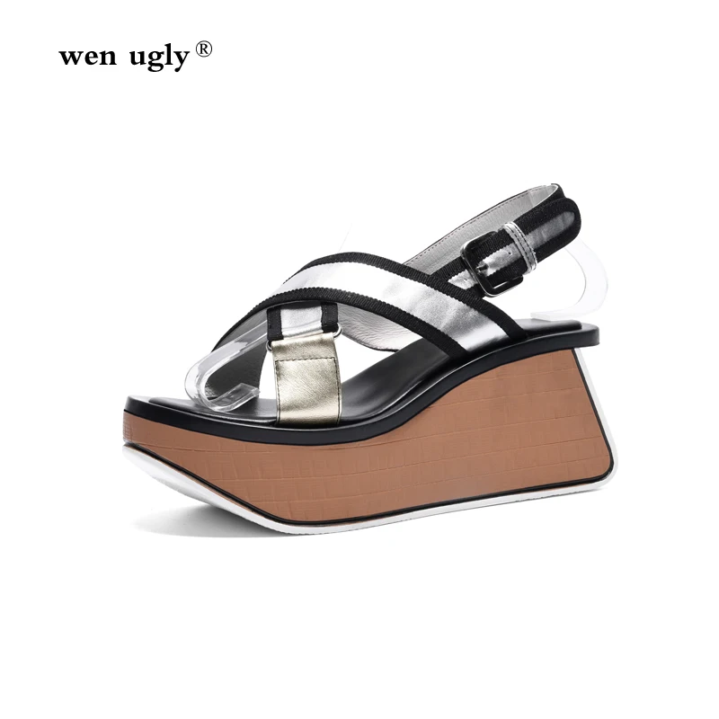 

wen ugly Waterproof Platform Thick Heel Wedges Women's Leather Sandals 2018 Summer New Personality Open Toe High Heels