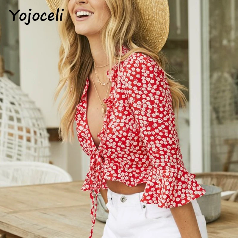Yojoceli 2018 весенние женские блузки с принтом рубашка v образный вырез бант оборками