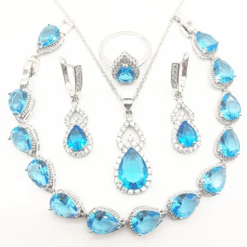 

2018 New Sea-blue Zircon Silver 925 Costume Jewelry Sets Bracelets Necklace&Pendant Rings Drop Earrings With Stones Set