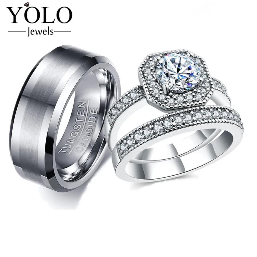 

Luxury Couple Rings Cubic Zirconia Ring Set with Silver Plated for Girl Tungsten Ring for Man Suitable for Wedding YOLO Jewels