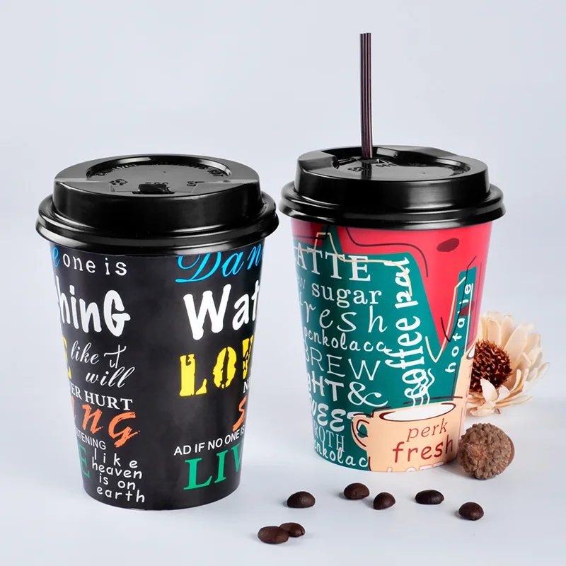 

50pcs American style creative word pattern disposable coffee cup 450ml milk tea cup party favor hot drink paper cup with cover