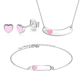 

Lovely Pink Enamel Heart 925 Sterling Silver Jewelry Sets For Women Girls Earrings/Necklace/Bracelet Free Customized Jewelry