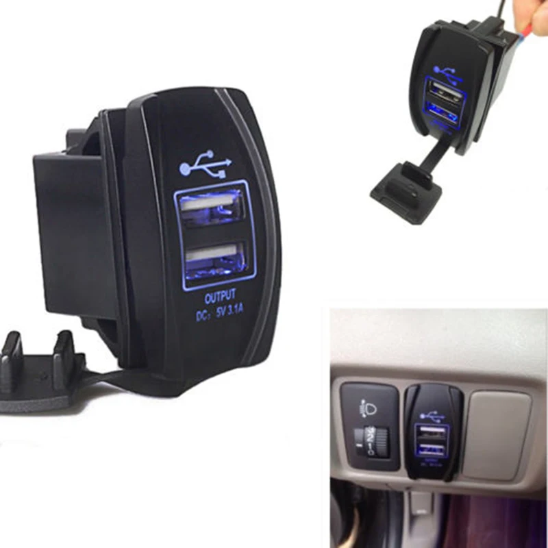 

Dual USB Power Charger Carling ARB Rocker Switch Blue LED Light Car Boat 12V 24V 3.1A