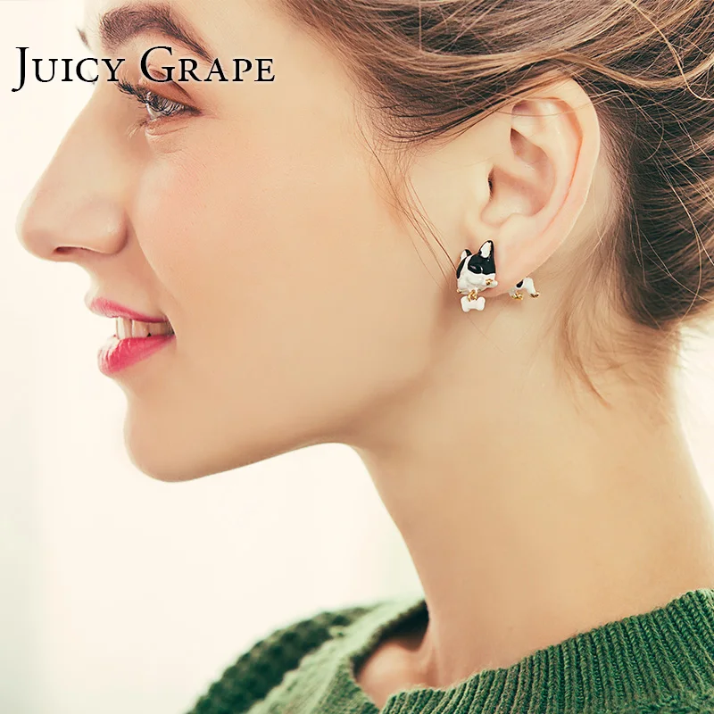 Серьги из сочного винограда с медным покрытием, эмалированная глазурь, ручная роспись, собака, животное, 925 серебро, серьги-гвоздики для женщин