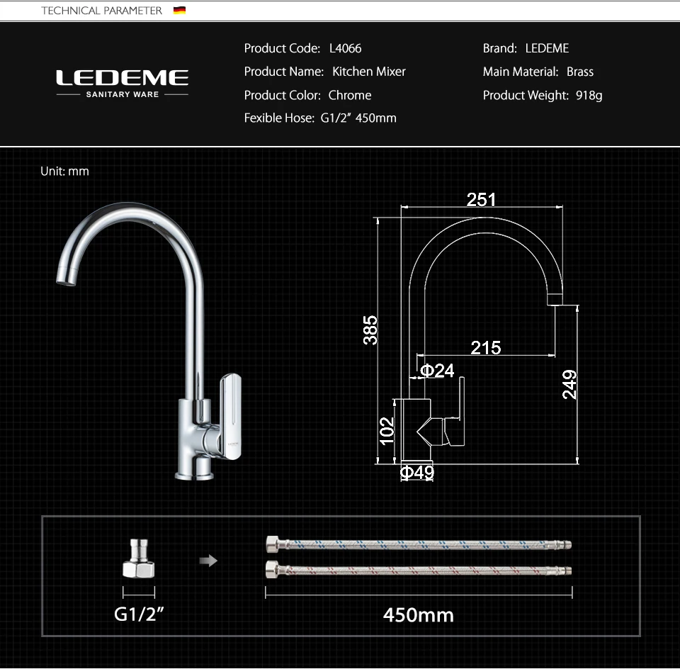 LEDEME, кухонный кран, современный, с одной ручкой, смеситель для раковины, кран для горячей и холодной воды, на бортике, хромированные, для кухни, краны L4066