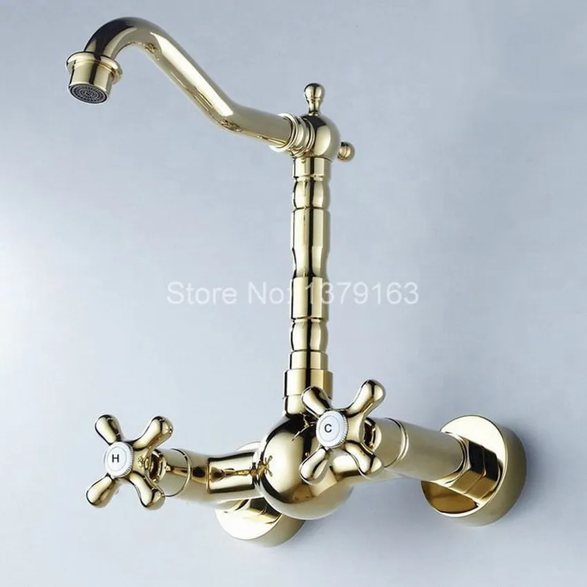 Gold Polished Brass Double Cross Handles Swivel Spout Kitchen Bathroom Tub Sink Faucet Mixer Water Taps agf054