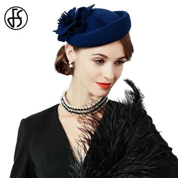 

FS Fascinators For Women Royal Wedding Elegant Wool Felt Fedoras Blue Black Pillbox Hat Ladies Hats Floral Cocktail Party Cap