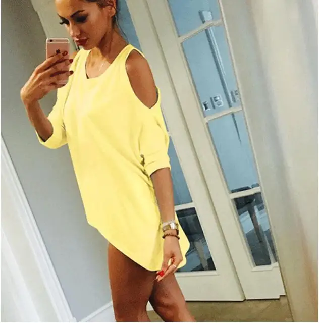 Summer Women T-Shirt O-Neck Solid Color Off Shoulder Sexy Long T Shirt Casual Loose Top Tees Plus Size 5XL YELLOW