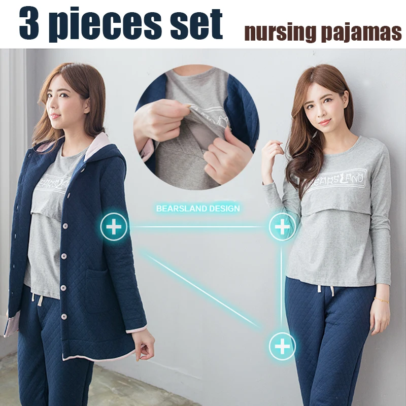 

Maternity Clothes Nursing Pajama Set 3 Pieces Winter Maternty Sleepwear Breastfeeding Clothes for Pregnant Women