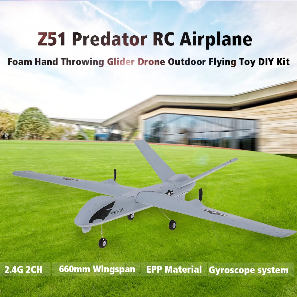 

Z51 RC Airplane 2.4G 2CH Predator Remote Control 660mm Wingspan Foam Hand Throwing Glider Drone DIY Kit for Kids Beginners