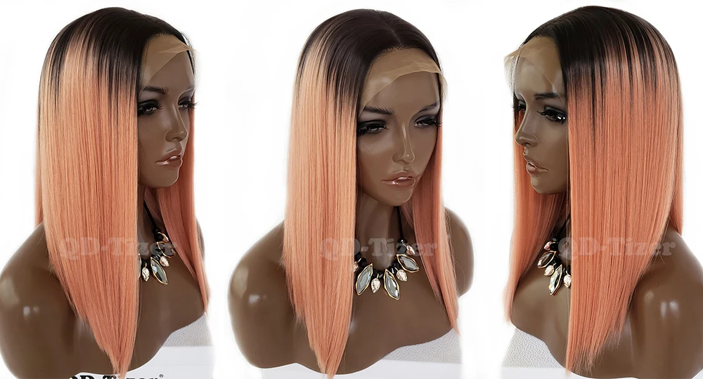 QD-TIZER Pink Color Short Straight Synthetic Lace Front Wig Short Lob Hair Glueless with Baby Hair Lace Front Wigs for Black Women 6