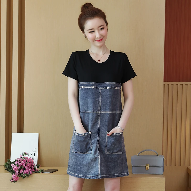 

New Summer Style Women Dresses Plus Size Fashion Casual Loose O-Neck Patchwork Jeans Dress For Women Larger Denim One-Piece 5XL