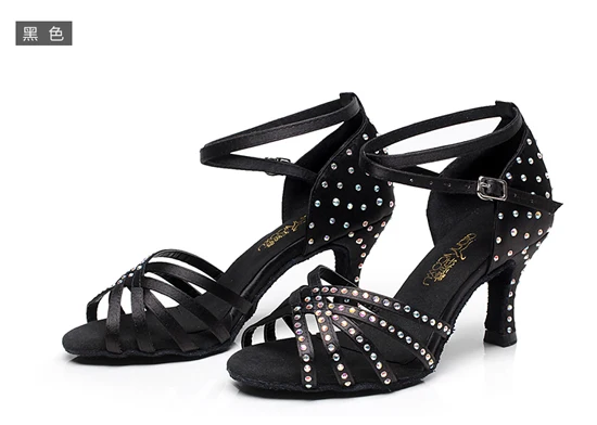 WUXIJIAO/атласная обувь для латинских танцев; женские Стразы; обувь для сальсы; вечерние туфли для бальных танцев; Каблук 5-10 см - Цвет: black heel 75mm