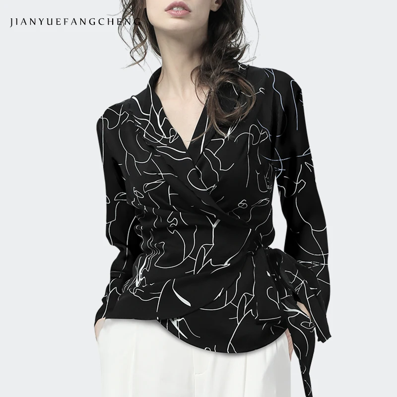 Ladies Blouse Elegant Irregular Carve Printed Long