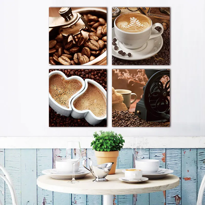 

Living Room Wall Decor Frame HD Prints 4 Pieces Coffee Heart Shape And Coffee Beans Paintings Art Poster Canvas Pictures Modular