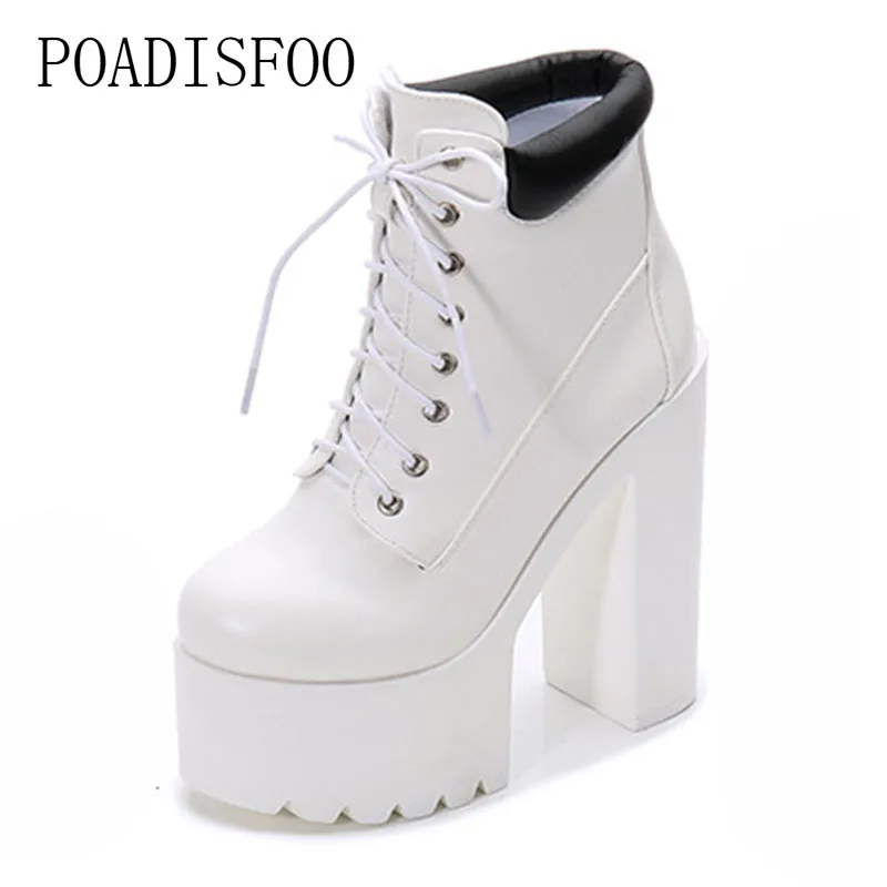 

PRETO BRANCO 14cm Women Ankle Boots Platform Square Heels Super High Heels Boots Lace-UP Casual Shoes Boots Round toe ZYW-659-13