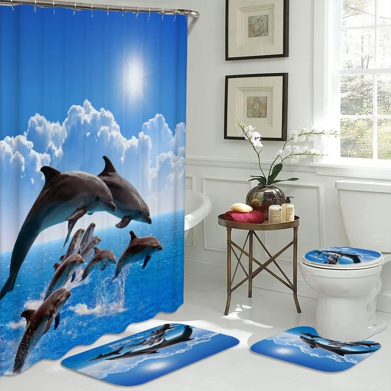 

Ocean Design Dolphin 4 In 1 Waterproof Fabric Bathroom 3D Shower Curtain Set with Non Slip Toilet Cover Rugs Mat Home Decoration