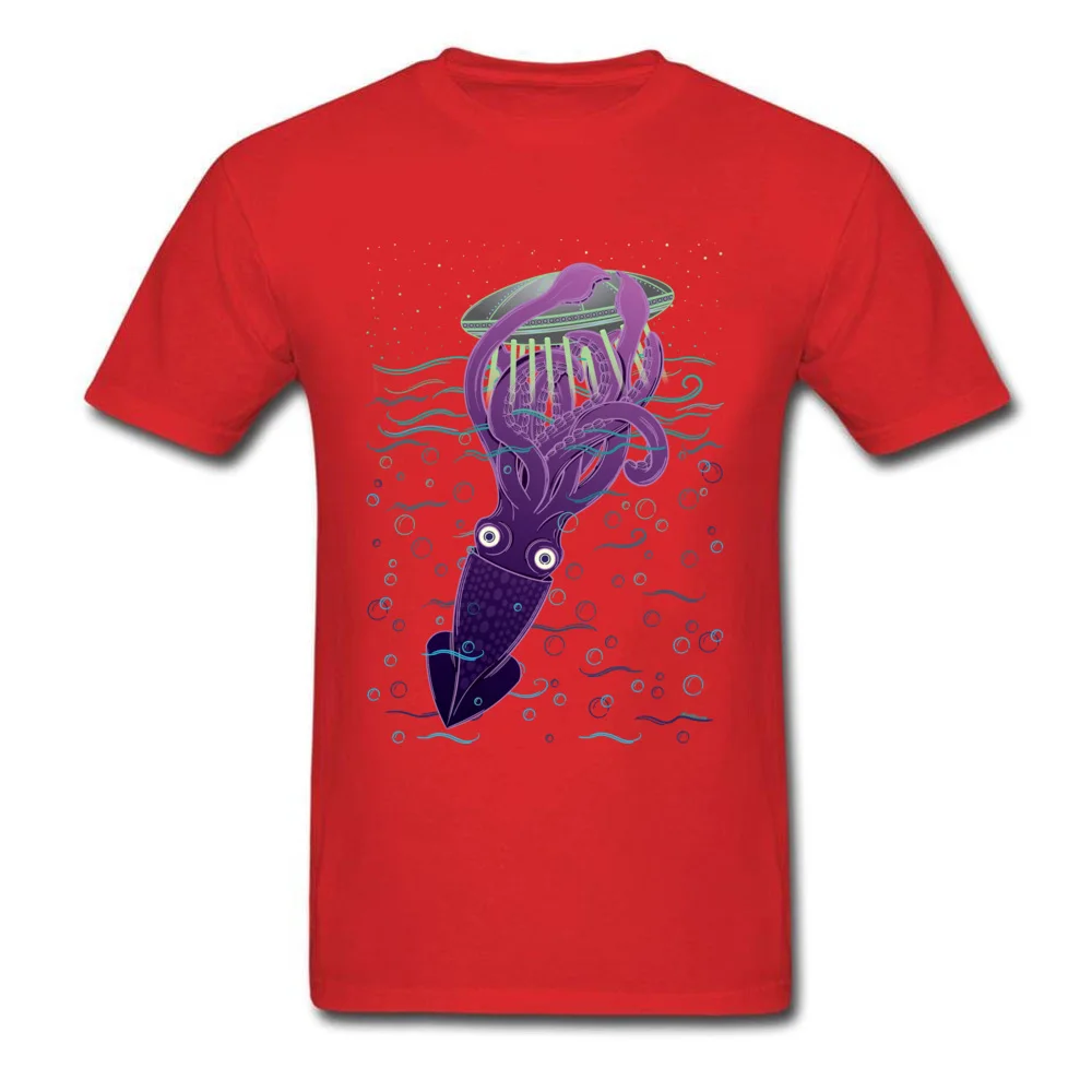 2018 Discount Men's T Shirt Giant Squid Vs. UFO Summer Tops Shirt 100% Cotton Fabric Short Sleeve Print T Shirt O Neck Giant Squid Vs. UFO red