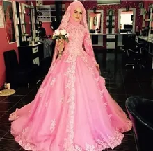Ball Gown Pink Long Sleeve Muslim Eevning Dresses Abiti Da Sposa Robe De Mariee Appliques Hijab Wedding Dress Hochzeitskleid
