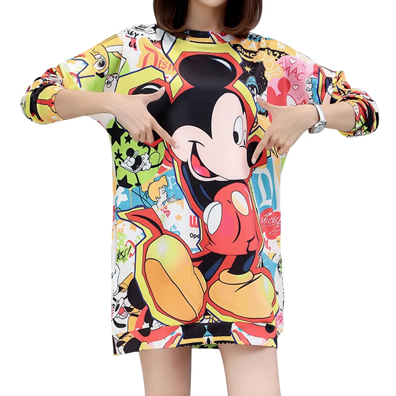 

2019 New Mickey print in Summer and Autumn cartoon printing T Shirt large code long minnie mouse women